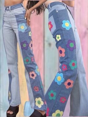 Fashion Lounge Blue Flower Hippie Embroidery Patchwork Flare High Waisted Jeans